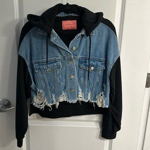 Signatures - Denim-front Cropped Hooded Sweatshirt